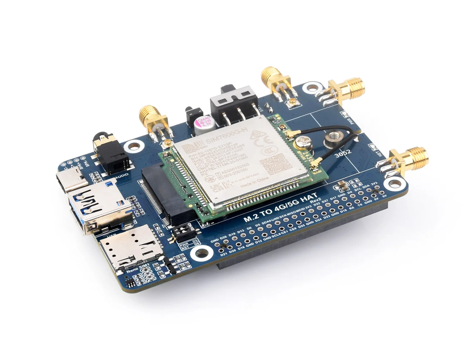Waveshare SIM7600G-H M.2 4G HAT für Raspberry Pi LTE, LTE CAT4 High Speed, Raspberry Pi SIM, Cellular, 4G/3G/2G, GNSS, Global Band