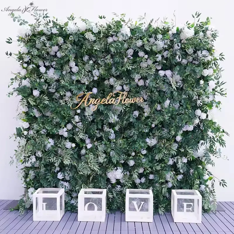 

White roses, green plants, willow leaves, rolled cloth, flower wall decoration, wedding party background, flower arrangement