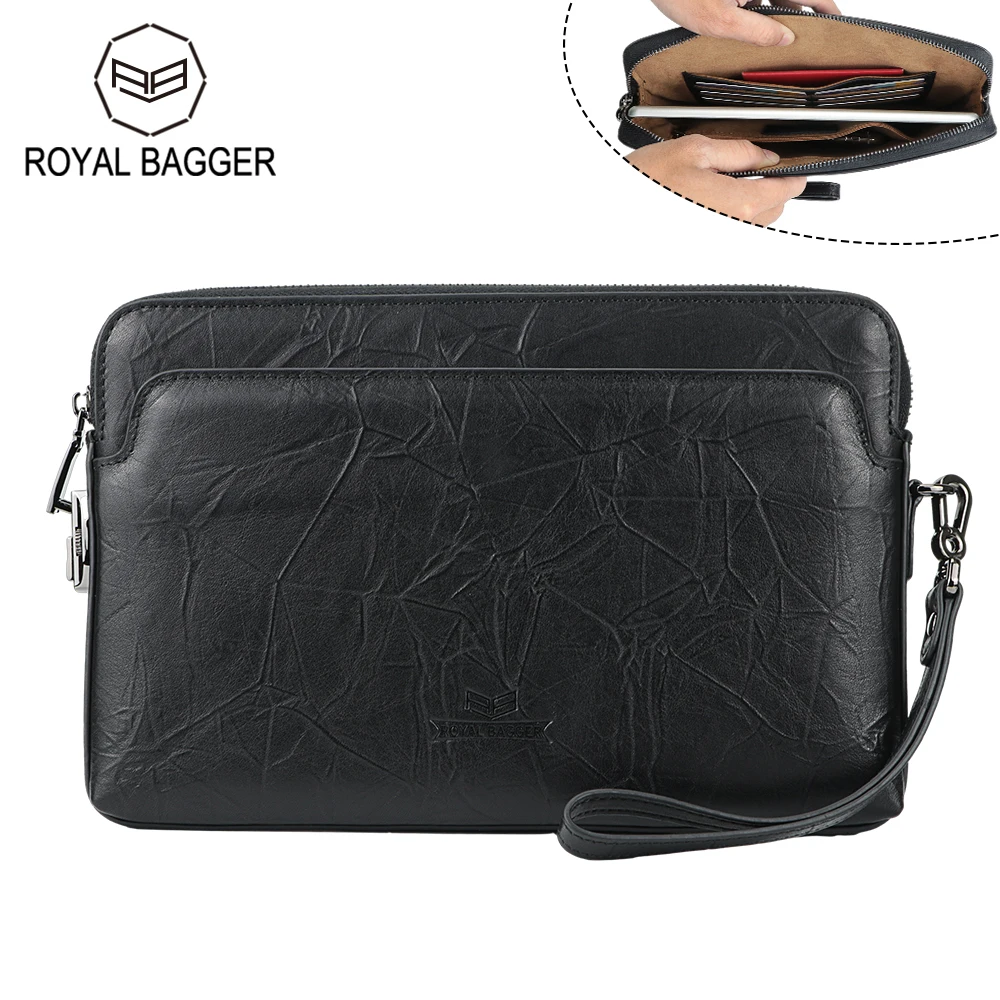 Royal Bagger Clutches for Men Genuine Cow Leather Large Capacity Handbag Vintage Casual Clutch Purse with Password Lock 1537