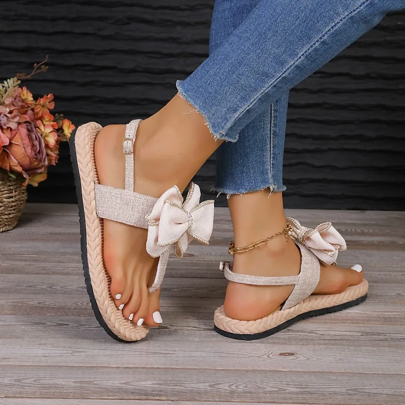 Female Shoes 2024 Plus Size Thong Women's Sandals Light Casual Sandals Women Bow Tie Round Toe Low Heel Buckle Strap Shoes Women