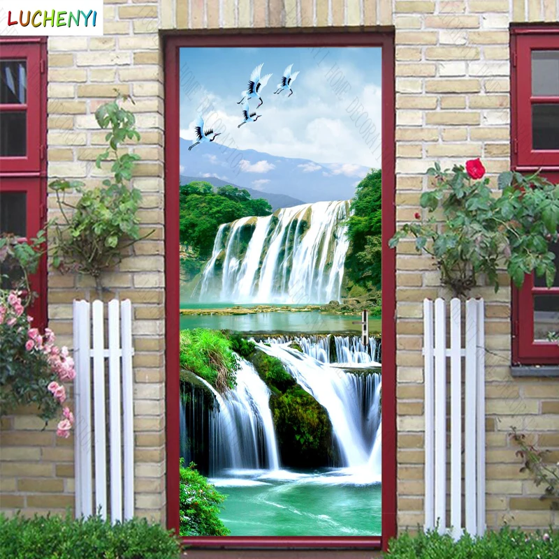 

Papel de parede crane waterfall flowing water sky cloud landscape door sticker bedroom door wallpaper mural , home decoration