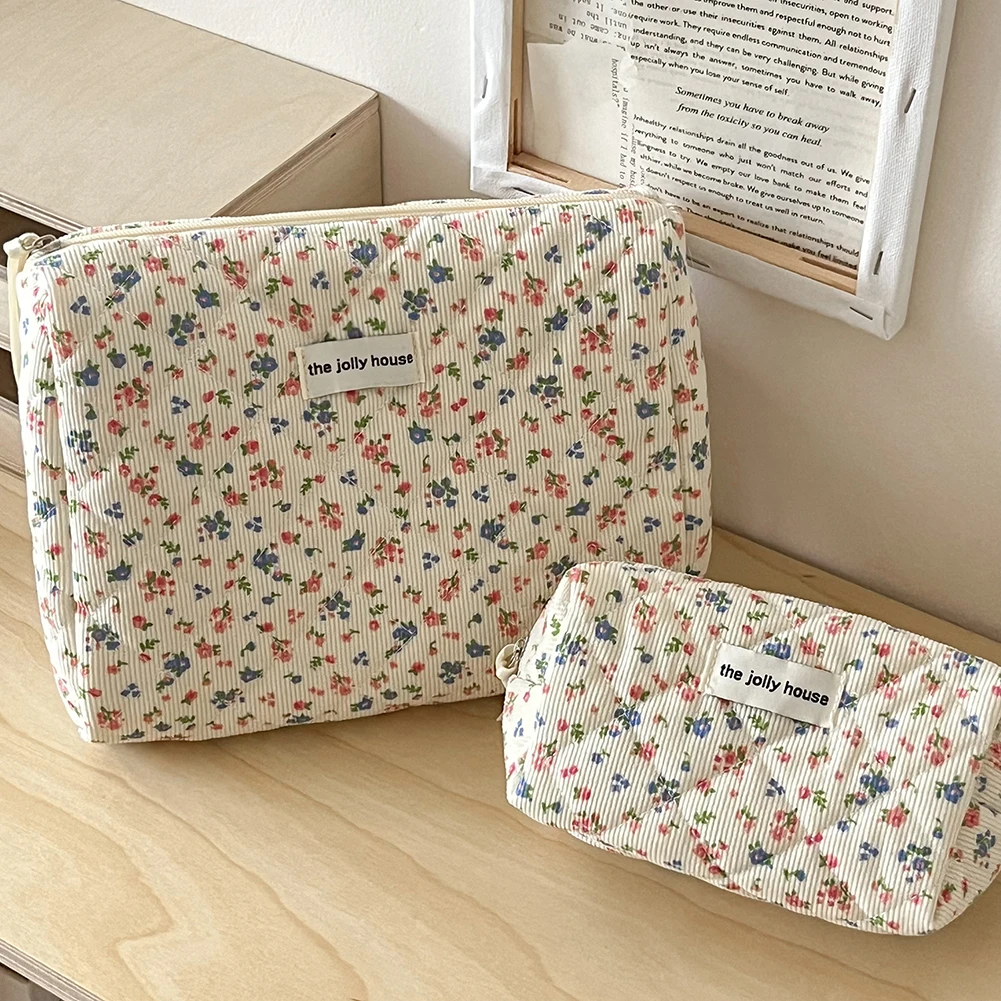 Floral Corduroy Toiletry Bag with Zipper Makeup Organizer Storage Bag Cute Cosmetic Organizer Case for Women Girls