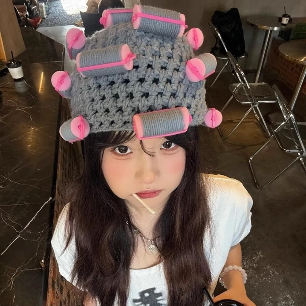 Creative Warm Hair Curler Knitted Hat Soft Thick Pullover Cap Stretchy Funny Curly Hair Yarn Beanie Cycling