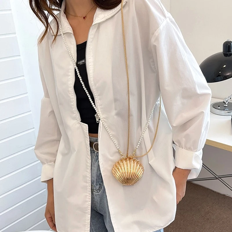 Metal Heart Shell Bag Mini Lipstick Bag Pearl Chain Crossbody Bag Shoulder Bag Handbag Purse Waist Bag Women Makeup Jewelry Bag