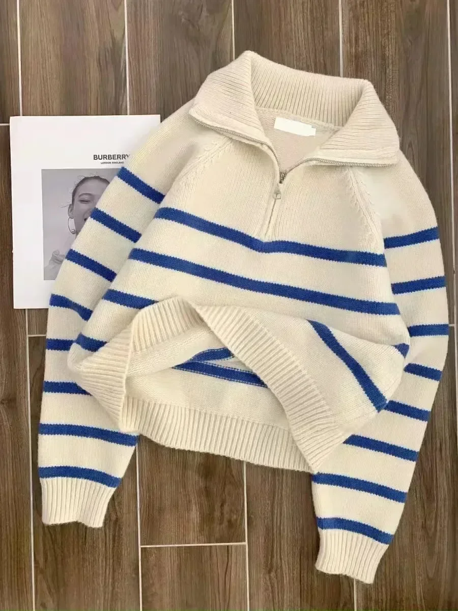 Women\'s Sweater Zipper Loose Striped Pullover Korean 2024 Autumn Oversized Turndown Collar knitted Turtleneck Sweaters Women