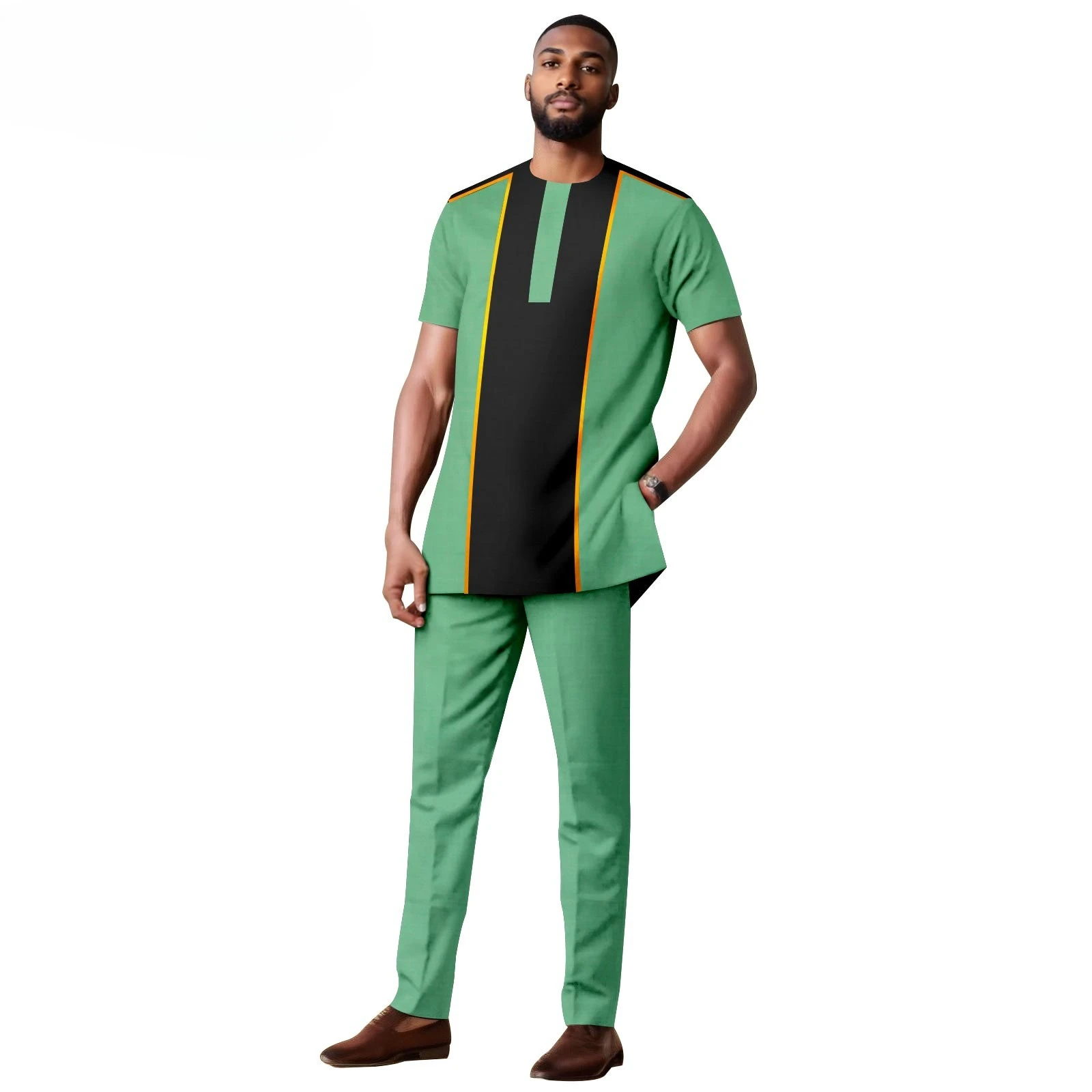 

African Clothes for Men Short Sleeve Embroidery Printed Shirts and Pants 2 Piece Set Kaftan Outfits Bazin Riche Suit A2416059