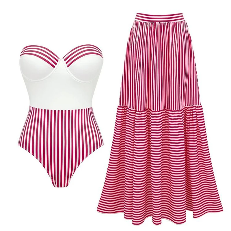 

Bandeau Striped Print One Piece Swimsuit Sexy Swimwear Women V-neck Bathing Swimming Suit Female Summer Beachwear Bodysuit