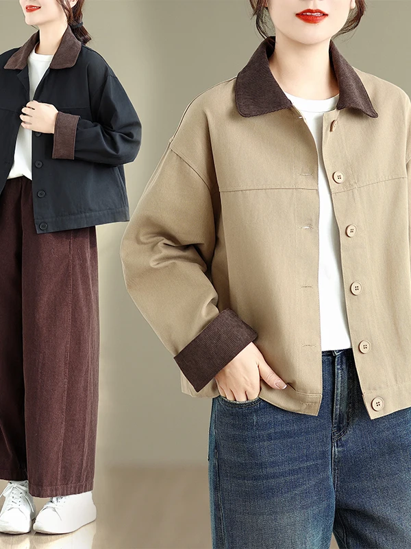 Veste décontractée grande taille pour femme avec col color block et détails boutonnés, coupe ample, manches longues, idéale pour l'automne