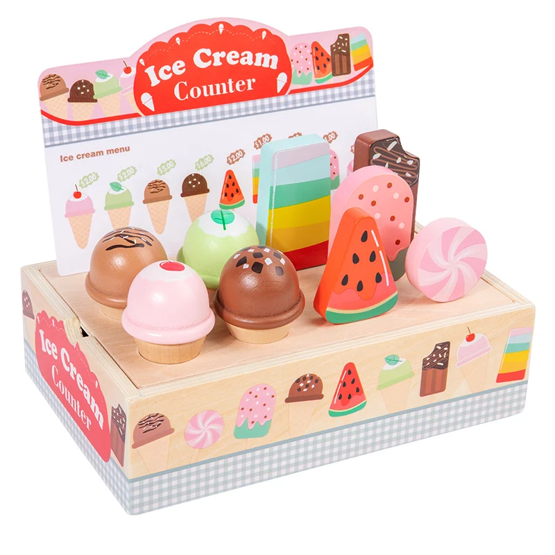 Wooden Ice Cream Counter Playset for Toddler Toys, Montessori Pretend Play Food Toys Kitchen early childhood education