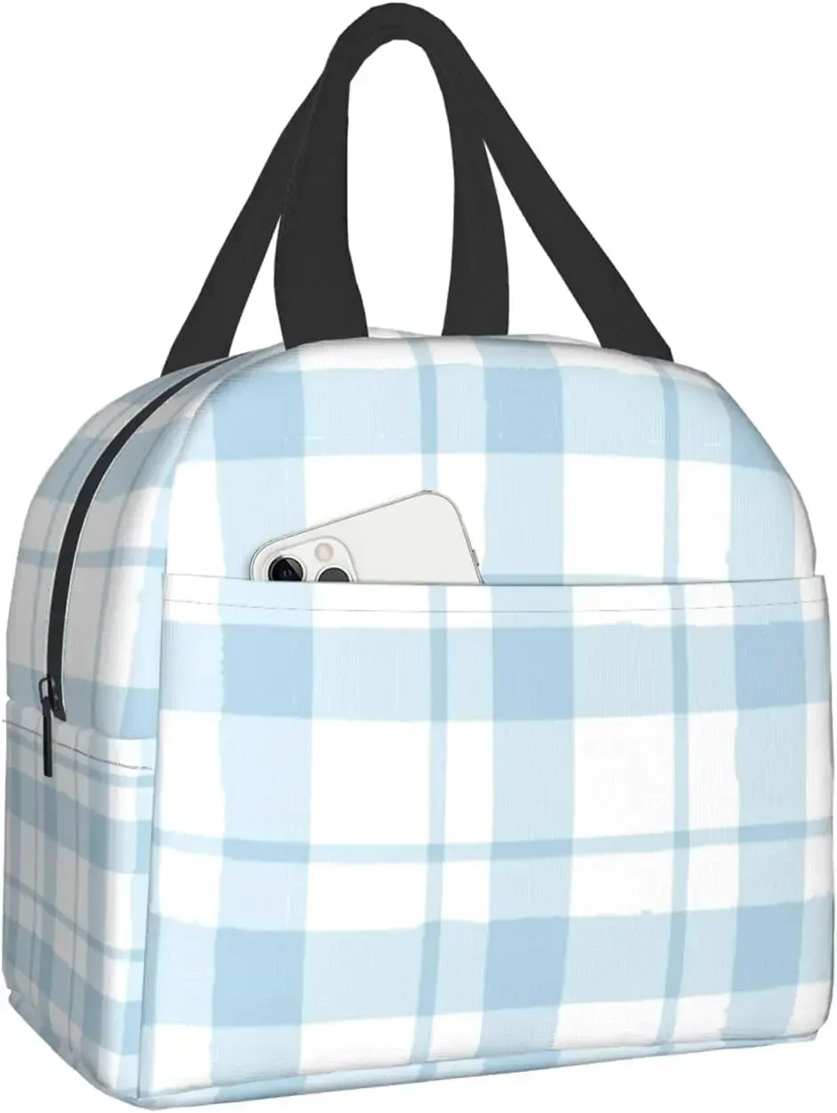 Lunch Bag Plaid Blue Check Insulated lunch Box Cooler Tote for Adults Kid Girl Women Work Office School Picnic Beach