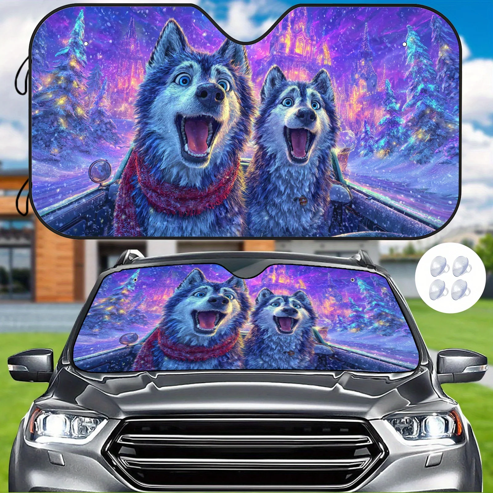 Cute Husky Car Sunshade, Adorable Dog Group With Dreamy Snow Scene Design, Easy To Install And Scratch-Resistant, Includes 4 Suc