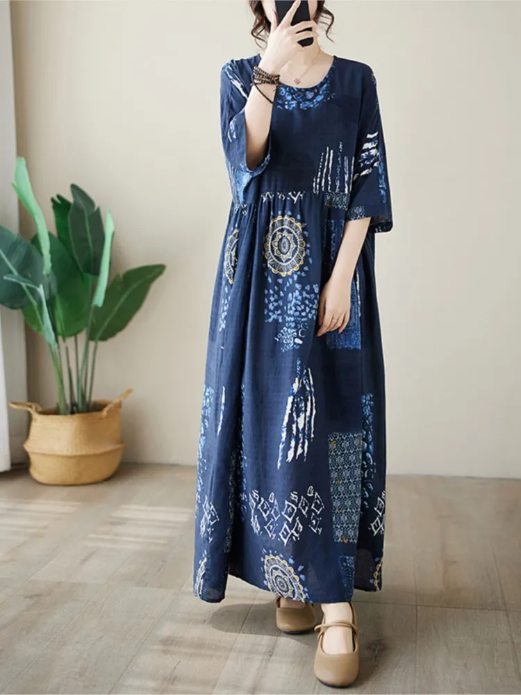 Oversized Summer Cotton Linen Long Dress Women Floral Print Ruffle Fashion Loose Pleated Ladies Dresses Casual Woman Dress