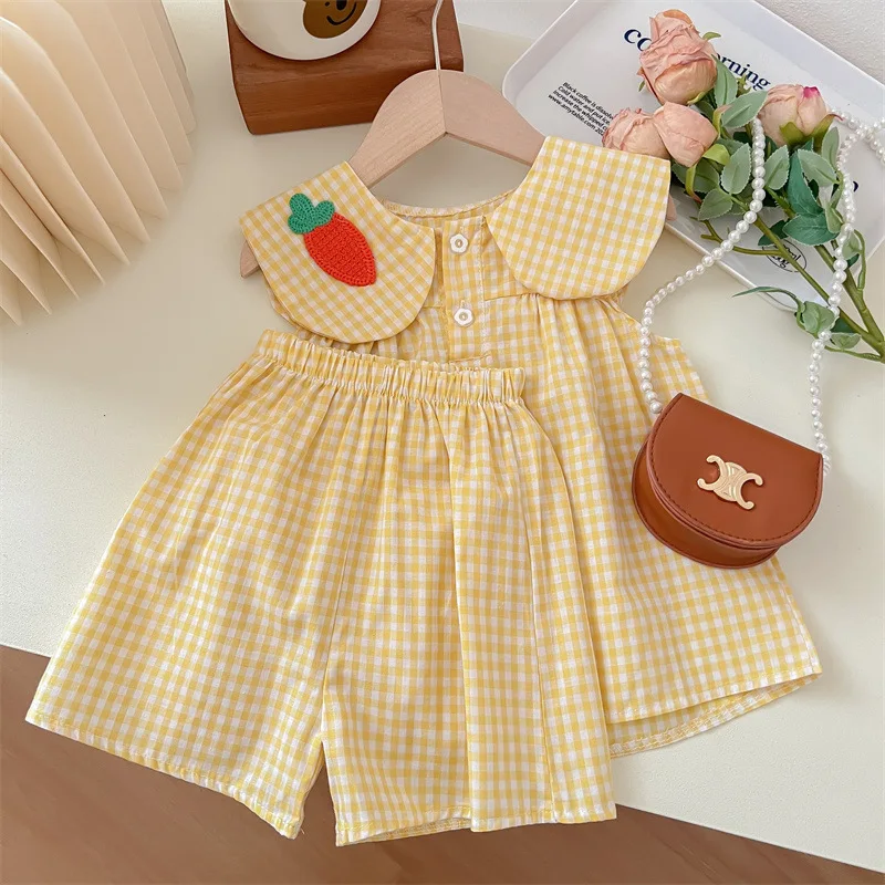 Summer Clothing Sets Children Kids Baby Infants Cute Fruit Cotton Girls Plaid Sweet Princess 2pcs Suit Children\'s Clothing