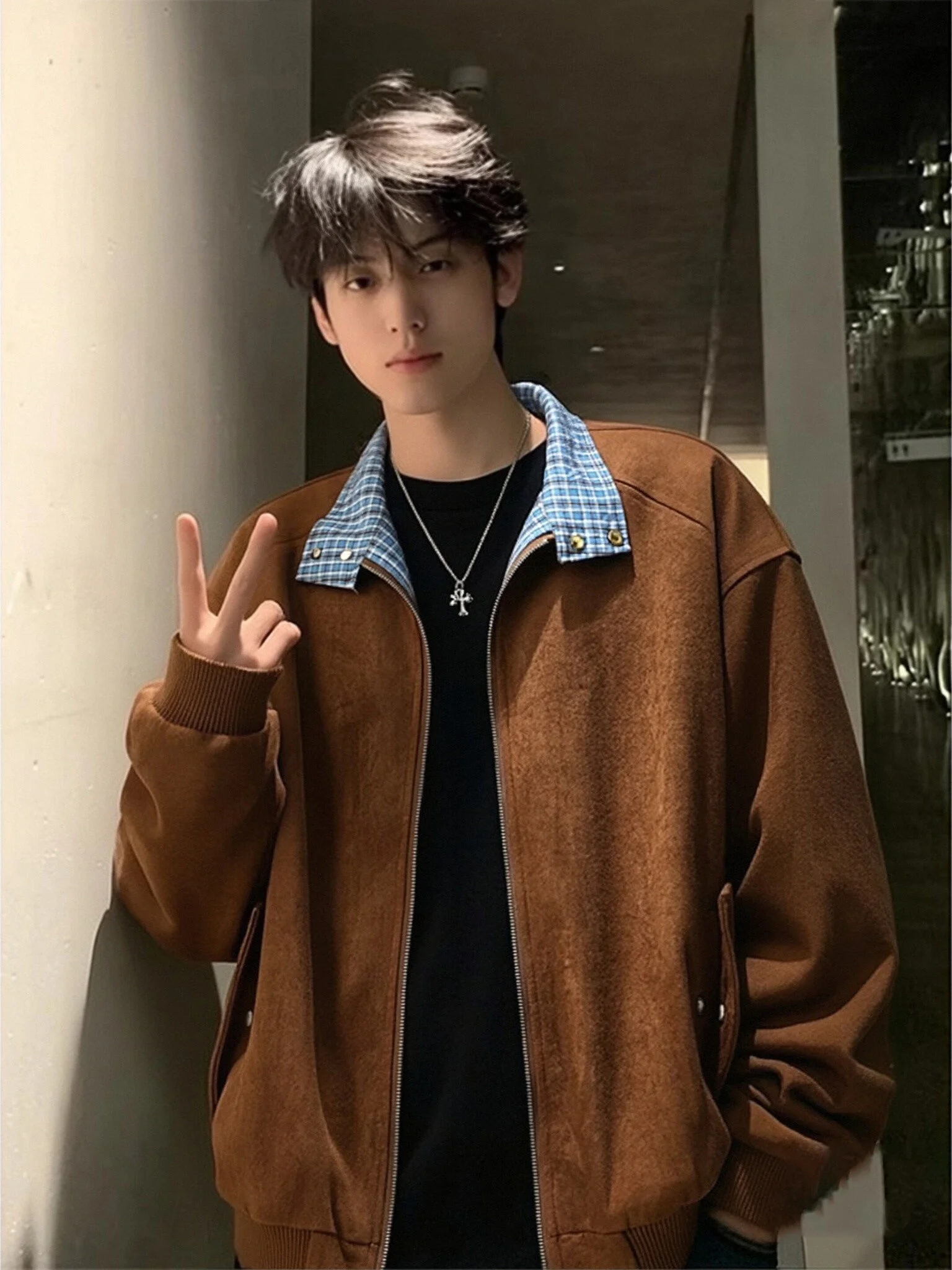 

Corduroy Plaid Patchwork Men's Jaet Spring Faionable Flight Coat Long Sve Zipper Decorated Loose Fit Retro Sle