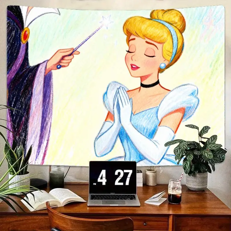 

1 шт. Гобелен Disney Cinderella & Fairy Godmother Magic Wish. Настенное искусство синей принцессы, домашний декор из полиэстера для девочек, подарок для спальни