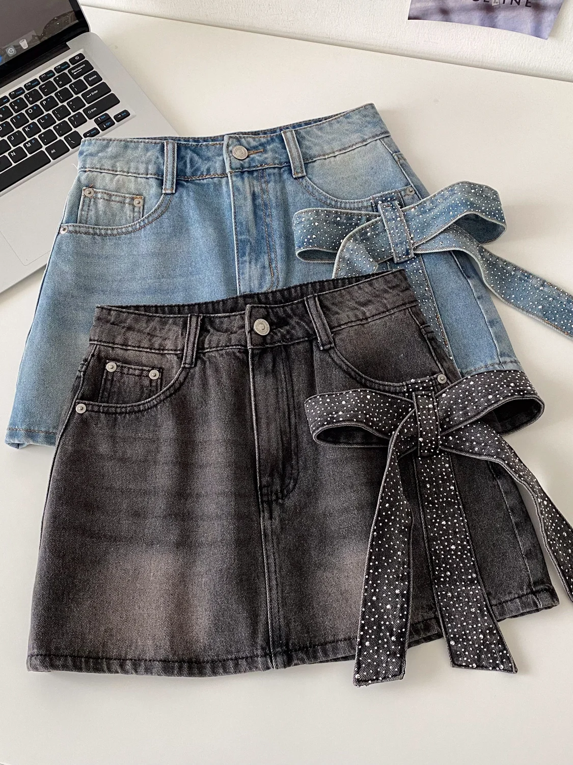 

Korean Style High Waist A-Line Skirt with Knot Design Slimming Denim Skirts for Women Summer Short Skirts