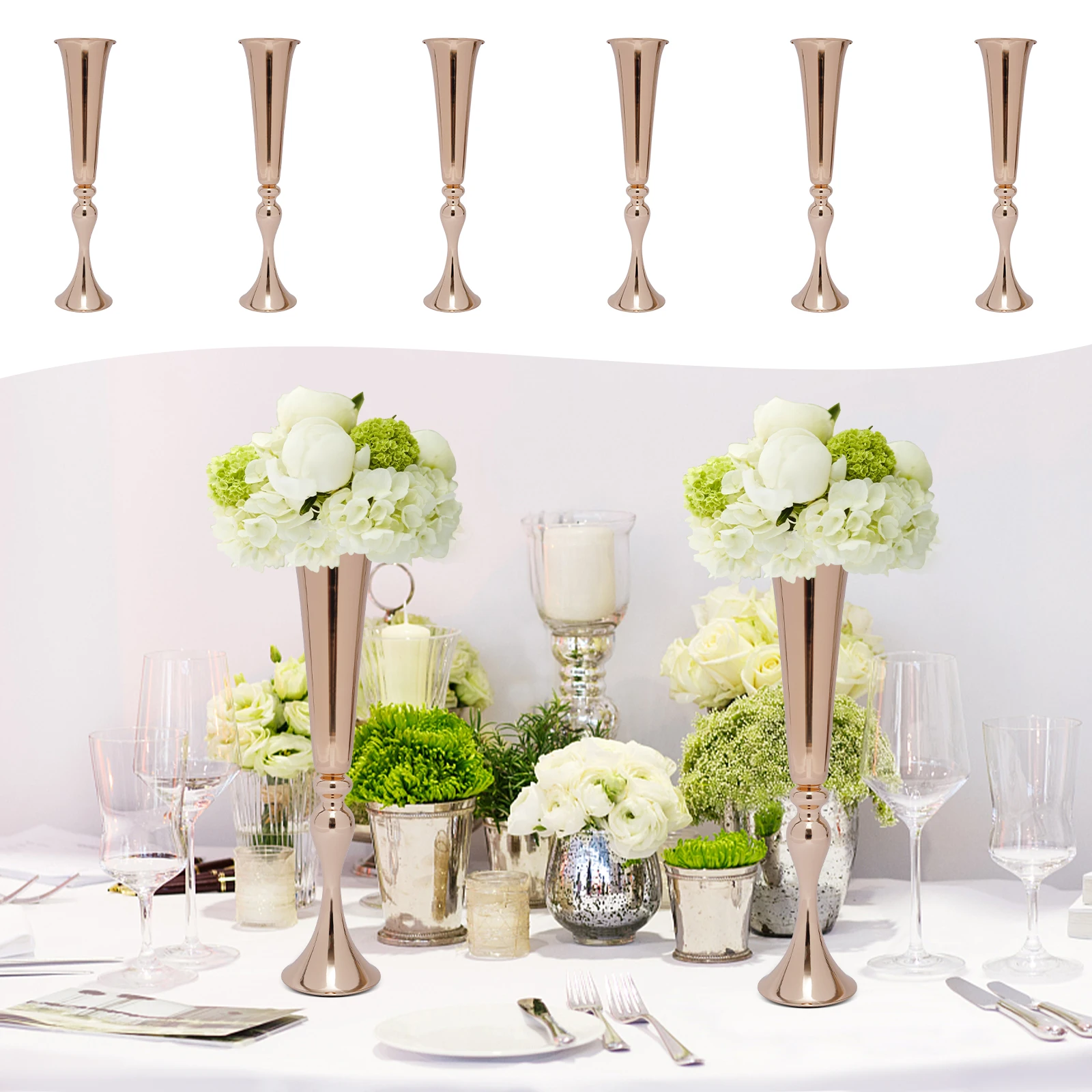 6PCs Gold Metal Wedding Vases 56.5cm Tall Wedding Centerpiece Party Event Hotel Decoration