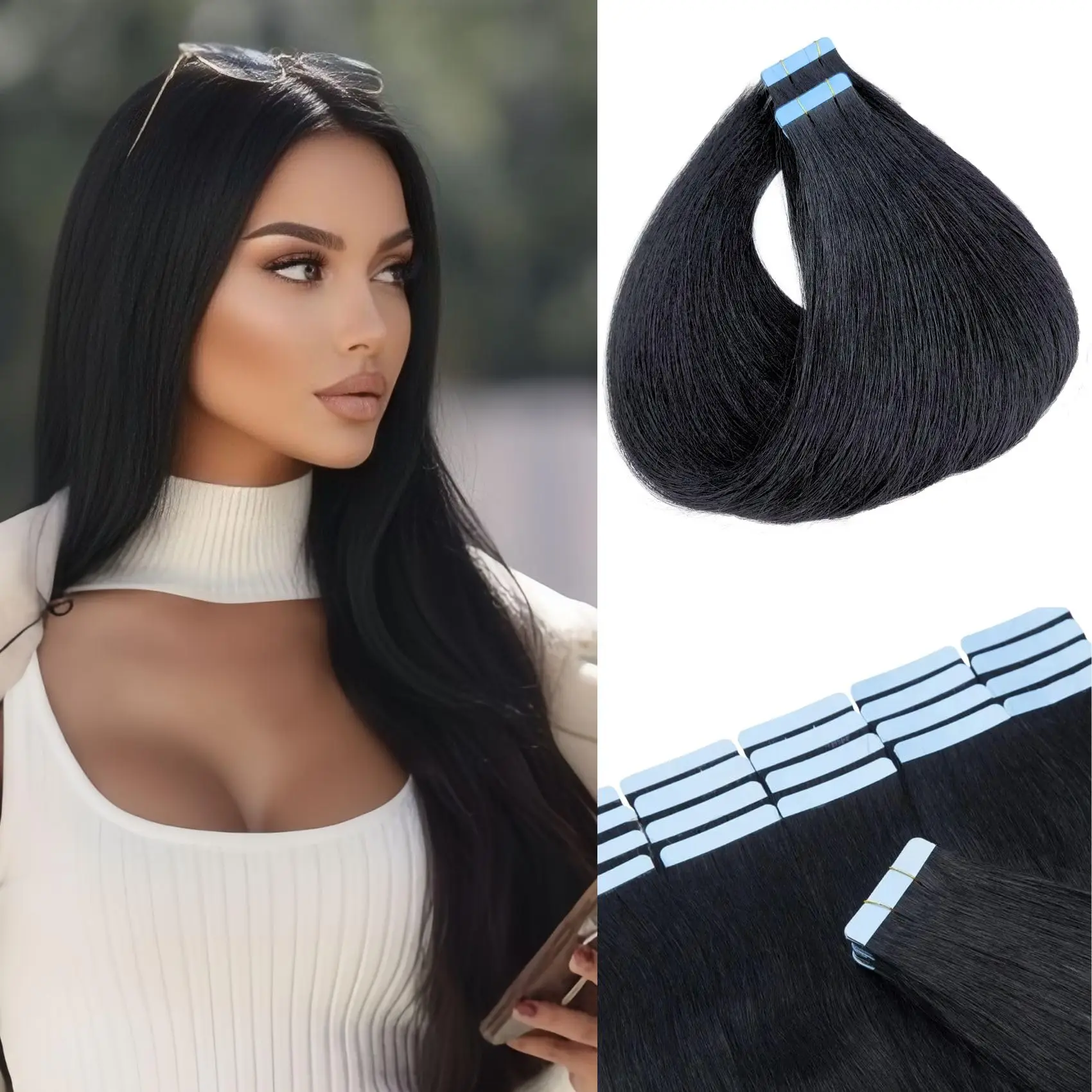 

Black Tape in Hair Extensions Real Human Hair Invisible 20 Inch Hair Extensions 100% Human Hair Tape in Human Hair #1B