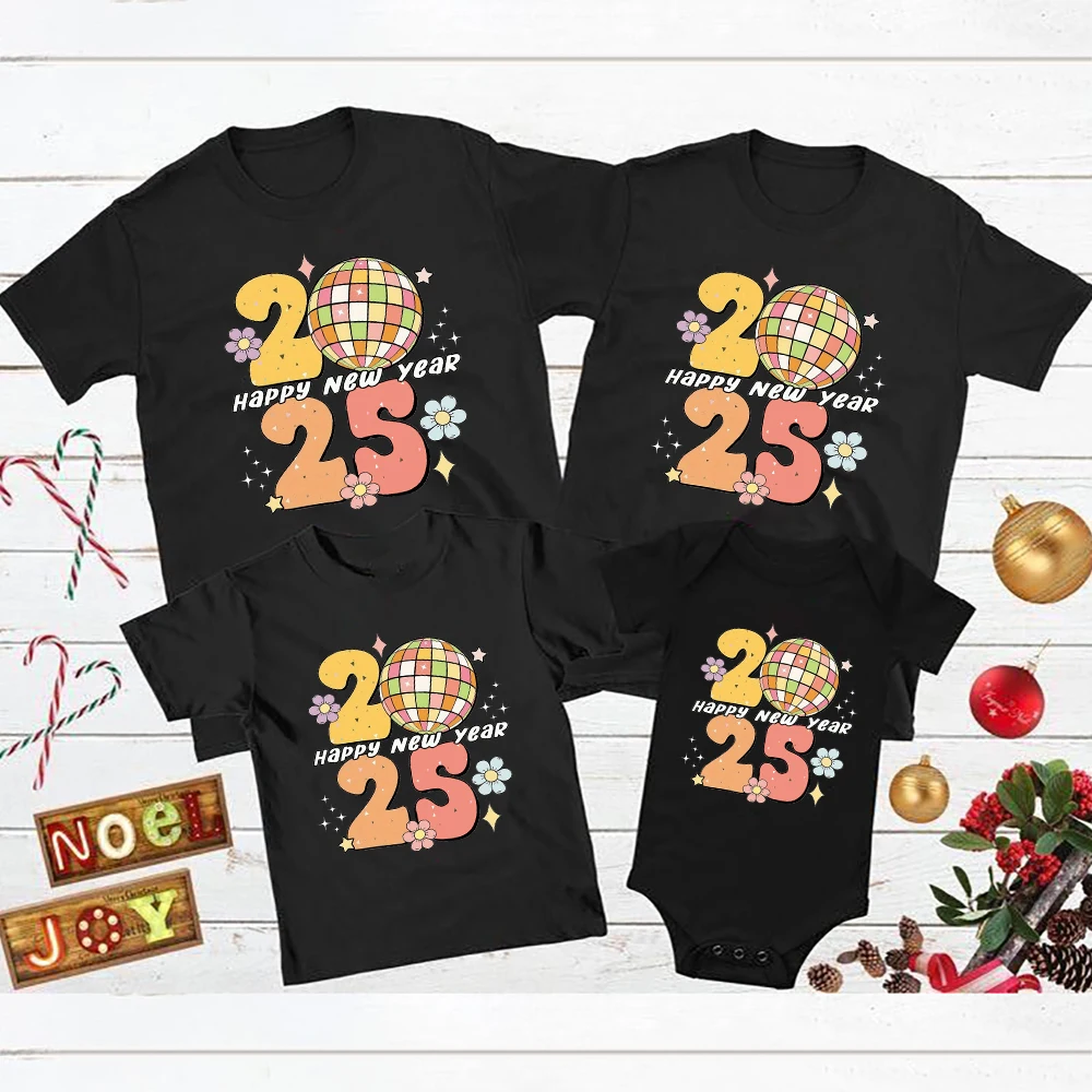 Hello 2025 Happy New Year Family Matching Outfits New Year Party Dad Mom Kids Shirts Baby Romper Family Holiday Together Clothes