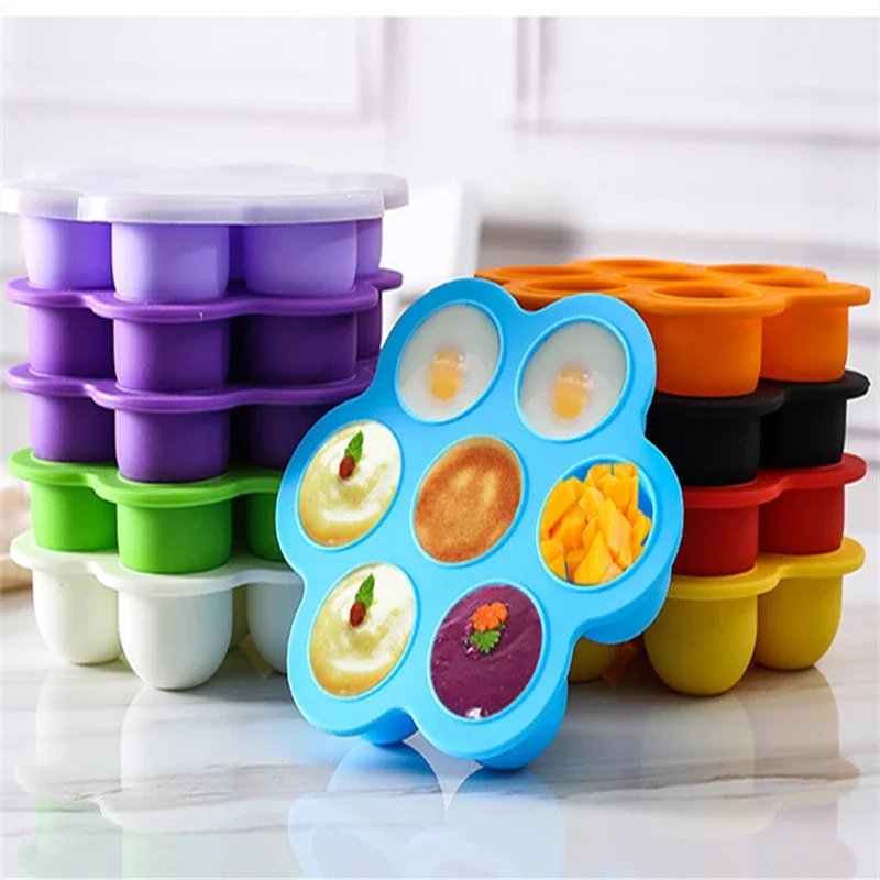 

7 Holes Reusable Silicone Baby Food Freezer Tray Crisper Egg Bite Mold BPA Free Storage Baby Food Storage Containers With Lid