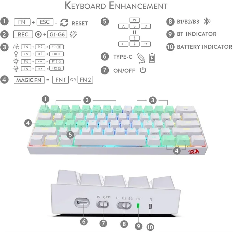 Draconic-rgb backlit teclado mecânico sem fio, 61 teclas, compacto, portátil, design, jogos, k530