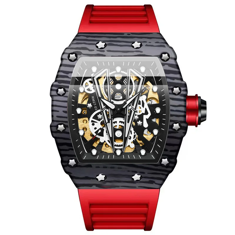 UTHAI Fully Automatic Hollow Mechanical Watch Fashion Sports Men Watches Silicone Strap Waterproof Male Clock Wristwatches Gift