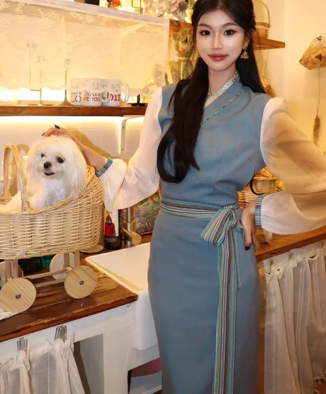 

Chinese Retro Female Xizang Dress Bola Skirt Ethnic Style Performance Dress
