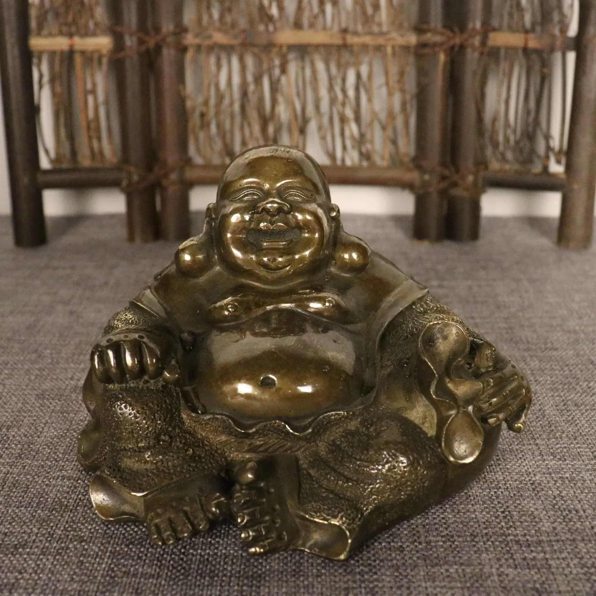 

15cm Pure copper Maitreya Buddha ornament with Ruyi Yuanbao Buddha Laughing Buddha living room ornament in hand