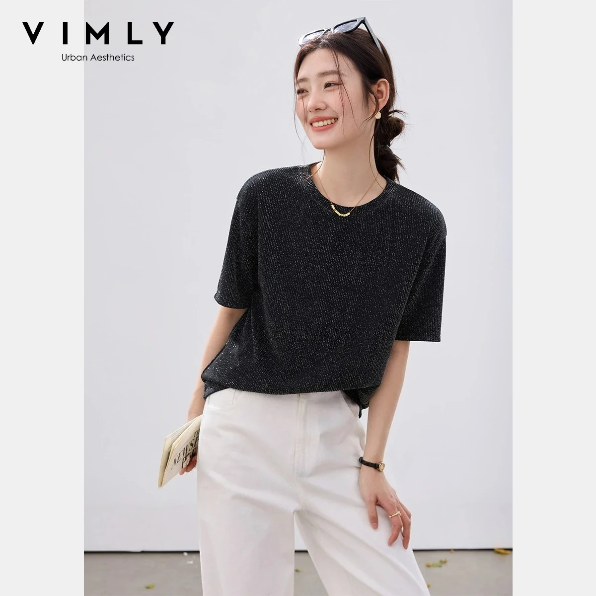 Camiseta de Punto con Brillo Negro para Mujer VIMLY, Nueva Moda Verano 2026, Informal, Brillante, Cuello Redondo, Manga Corta, Holgada, A6087