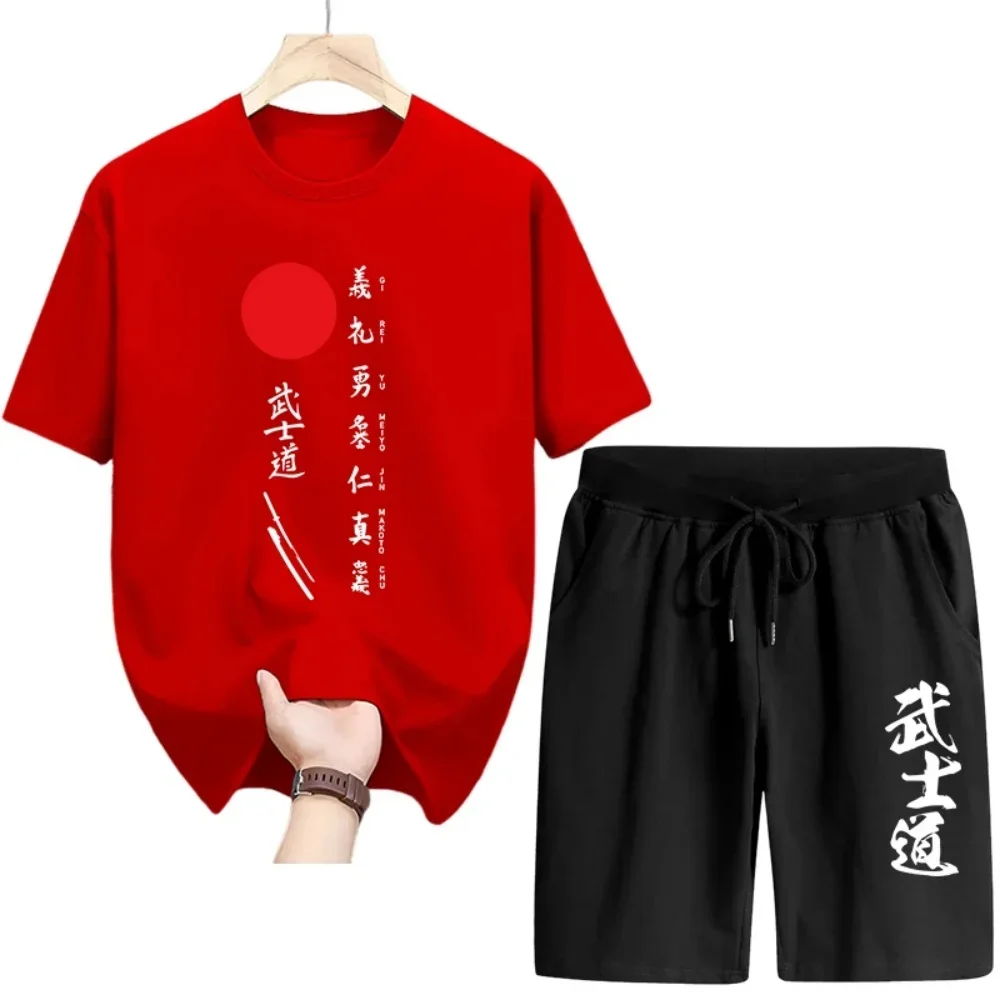 

Summer New Arrival Men's Tracksuit Japanese Bushido Print T-shirts Walking Shorts 2 Piece Set Male Home Outdoor Casual Outfits