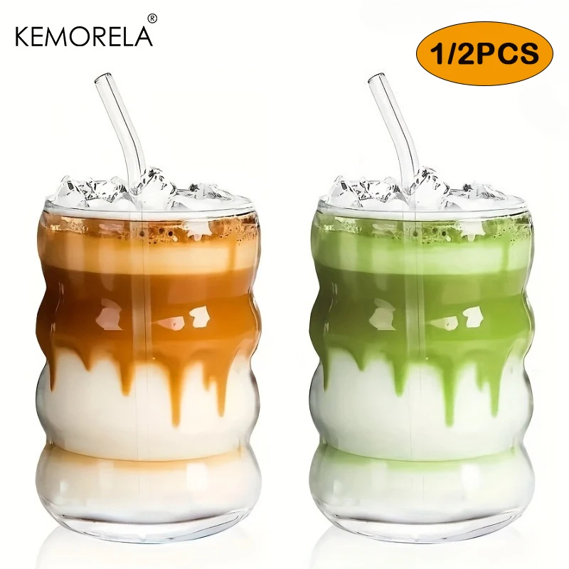 1/2 Tazas de Vidrio para Café con Pajitas, 380ML, de Borosilicato Alto, con Diseño Ondulado Vintage, para Beber Matcha, Agua, Té, Zumo