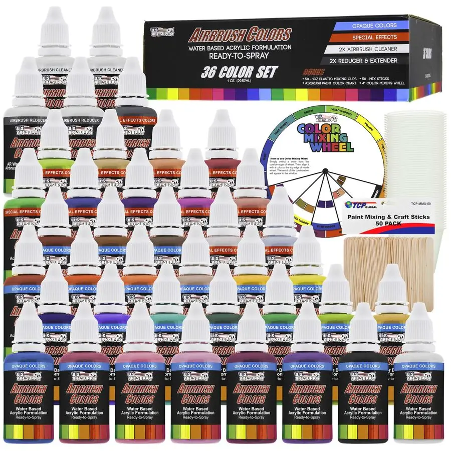 

36 Color Deluxe Acrylic Airbrush, Leather amp Shoe Paint Set with Cleaner, Thinner, 50Plastic Mixing Cups, 50Wooden Mix Sticks a