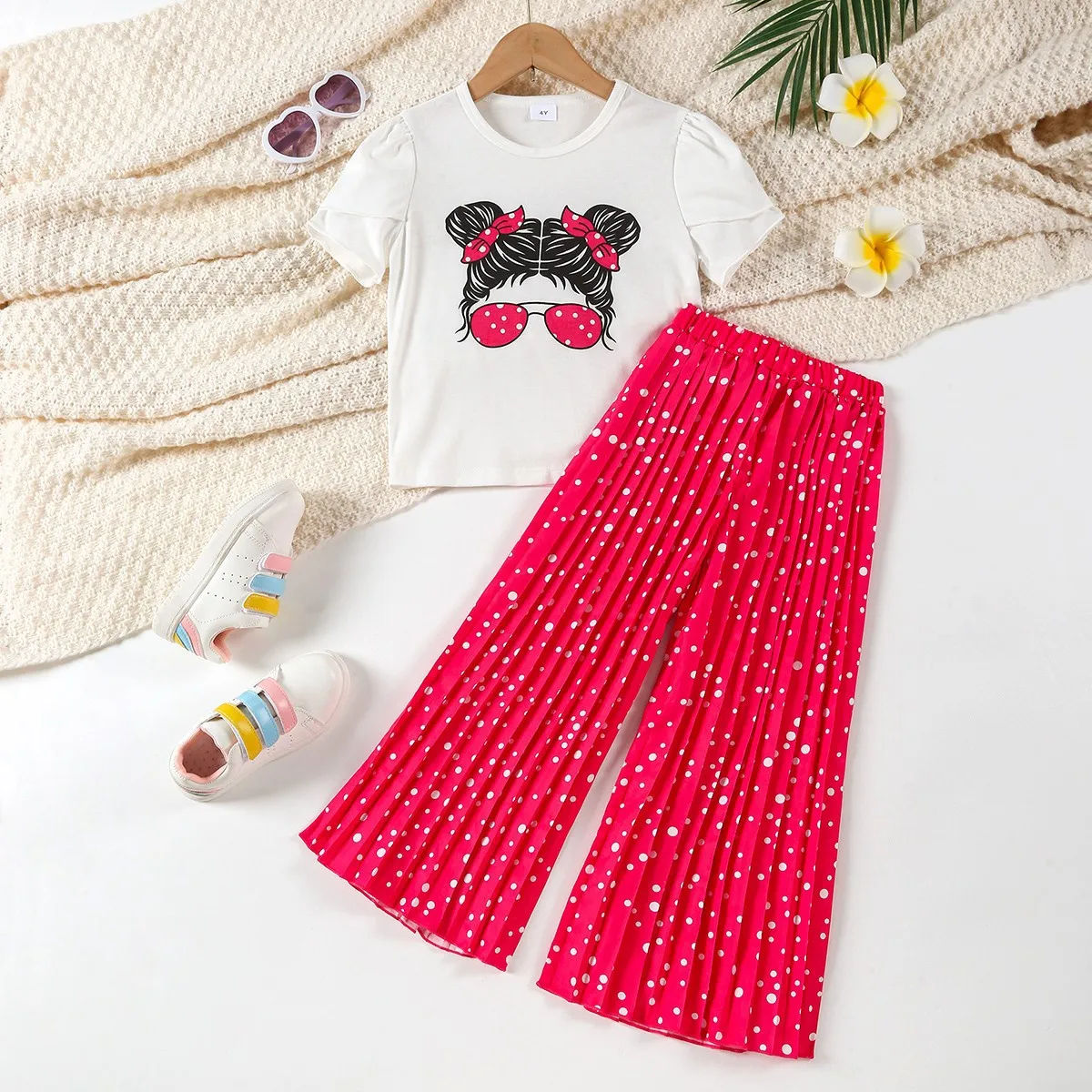

2 3 4 5 6 7 Years Summer Girls Clothing Sets New Cotton Fashion Short Sleeved+Wide Leg Pants Casual Two Piece Set Kids Clothes