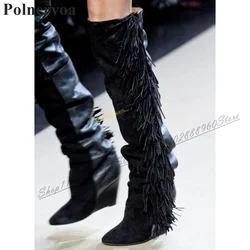 Catwalk Knee High Black Tassels Boots Wedges High Heel Shoes For Women Slip On Pointed Toe 2024 Fashionable Zapatos Para Mujere