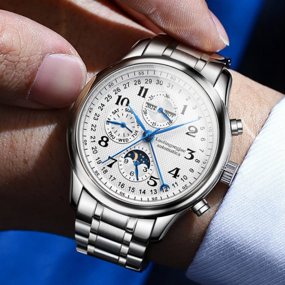 

Высококачественные деловые мужские механические часы Master Series, дизайн скелета, ремешок из нержавеющей стали, европейский и американский стиль, роскошные многофункциональные мужские часы, полностью автоматические механические часы, модные, повседневны