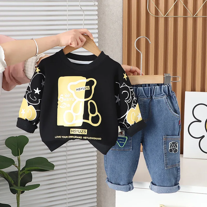 Autumn Infant Baby Boys Two Piece Clothes Set Cartoon Bear Contrast Sweatshirt Sticker Elastic Waist Denim Pant Baby Boy Outfits