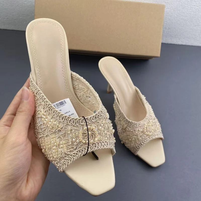 Women Beaded Lace Mule Heels Peep Toe Pearl Crochet Slip-On Sandals 2026 Nude High Heel Mules Wedding Party Backless Dress Shoes view 3