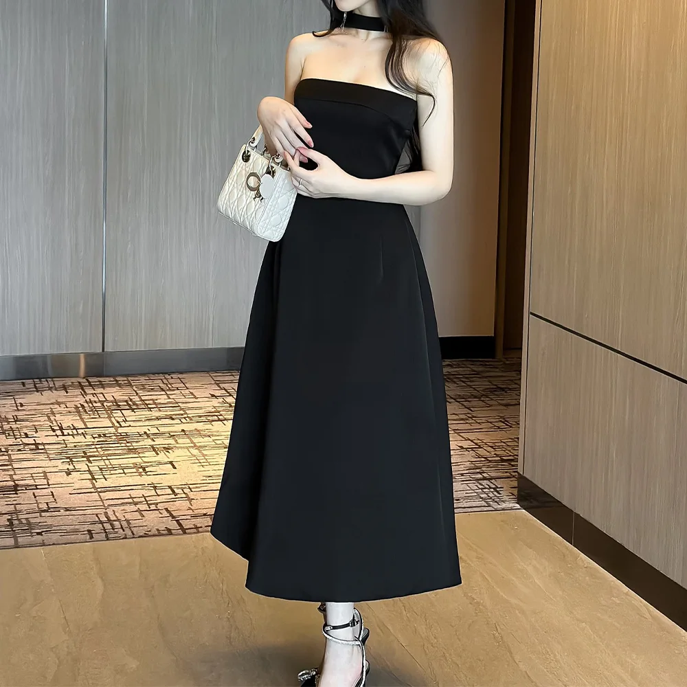 

Black Party Dress Satin Strapless A Line Sleeveless Midi Cocktail Gowns for Women 2024 Tea Length Simple Birthday Dresses Short