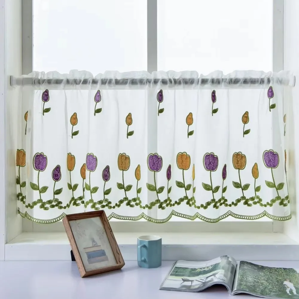 Lace Floral Embroidered Sheer Valance Curtain for Small Window/Kitchen 39.4x19.7 Inch Voile Curtain 1 Panel Window Drape Shades