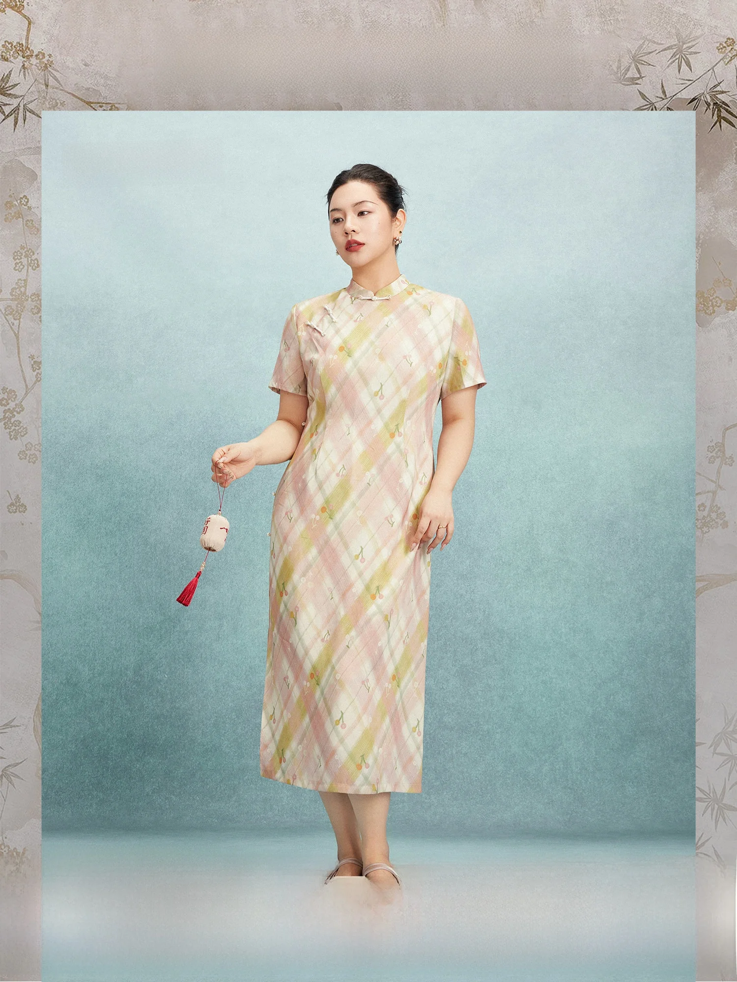 

Plusmall New Chinese Retro Shuttle Printed Cherry Improved Dress Casual Standard Fit Summer Short Sleeve round Neck