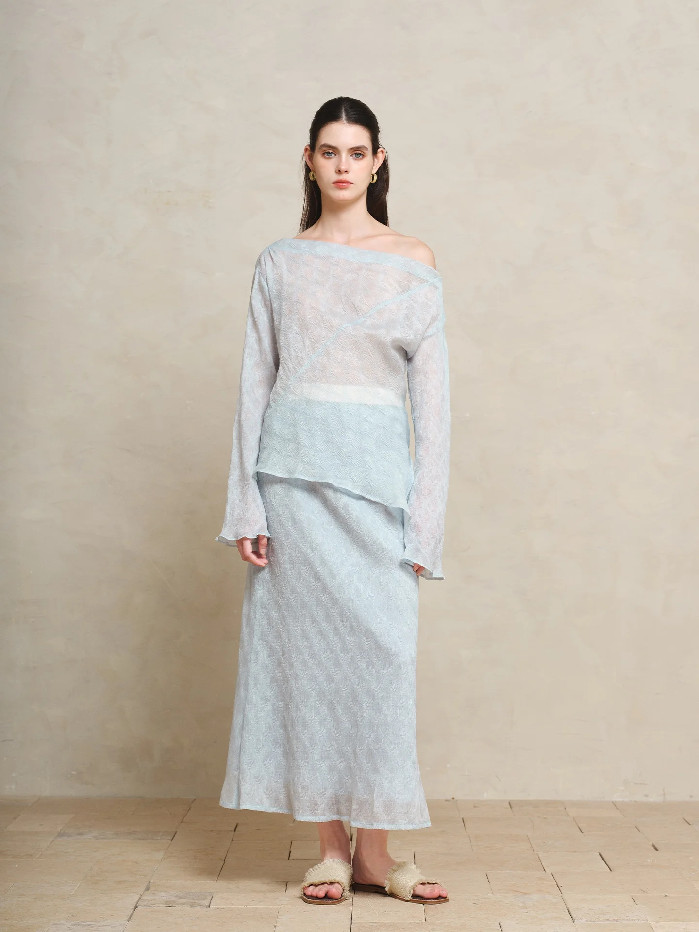 

Line Ciel Silk Pleated One-Shoulder Striped Casual Summer Top Women's Loose Fit Long Sleeve Lace Shirt Vacation Wear