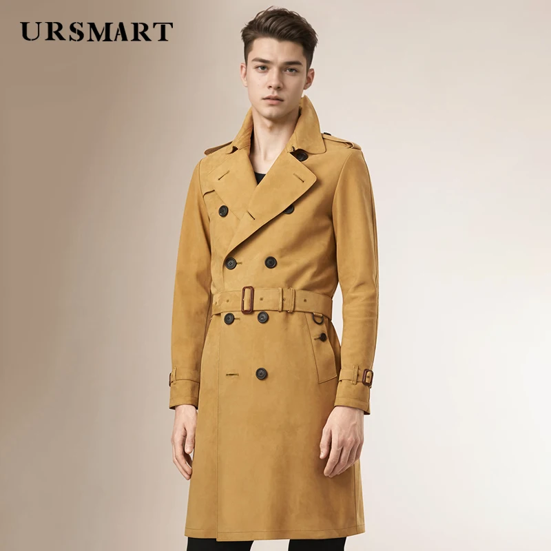 

Men's leather trench coat classic double breasted long style British fashion elegant style custom suede coat for men