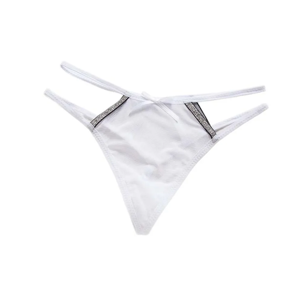 Comfortable Mesh Women Bowknot Thongs Glitter Strip Low Waist Bikini Briefs Underpants Solid Color T-back Panties Lingerie