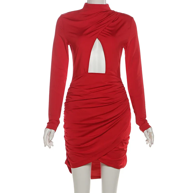 中空クロスシャーリングボディコンミニドレス女性ファッションセクシーなタートルネック長袖スリム誕生日パーティー衣装クラブウェア