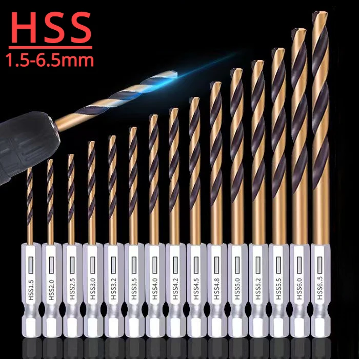 

HSS High Speed Steel Twist Drill Bit 1/4 Hex Shank Replacement Hexagonal Handle Steel Titanium Coated Power Tool 1.5mm-6.5mm