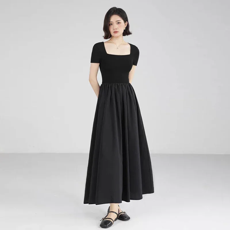 TFETTERS Brand Summer Dress for Women 2024 Fashion French Black Dresses Female Solid Color Short Sleeve Casual Slim Long Dress