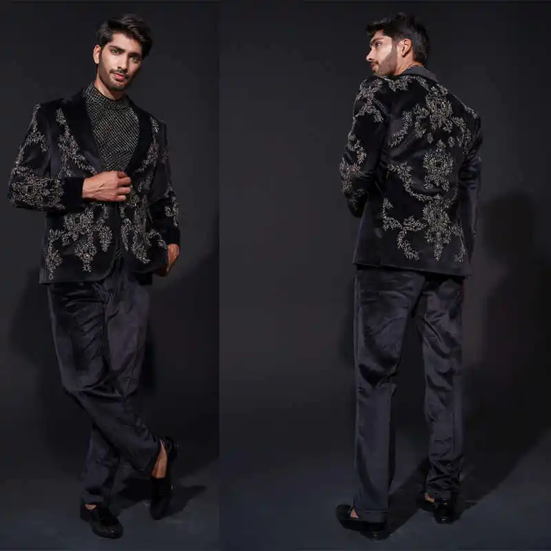 

Luxury Men's Suits 2 Pieces Blazer Pants Single Breasted Peaked Lapel Appliques Wedding Formal Customized trajes para hombre