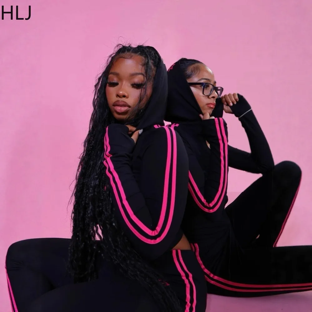 Zestaw dwuczęściowy HLJ Fashion z nadrukiem liter, dla kobiet, bluzka crop top na zamek z paskami i patchworkiem oraz spodnie typu flare, pasujący strój streetwearowy dla kobiet.