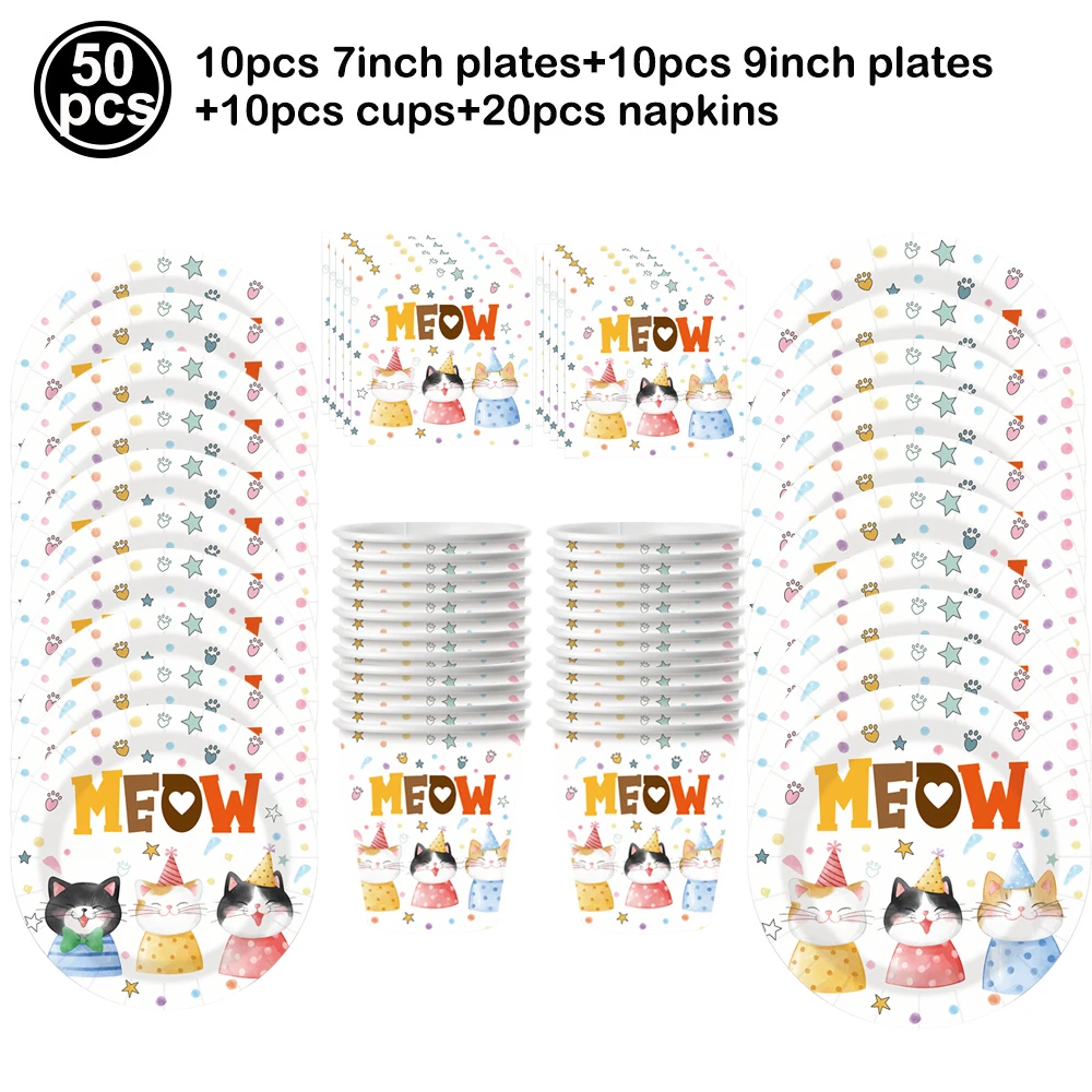Cute Cat Theme Party Tableware, Plates, Cups, Napkins