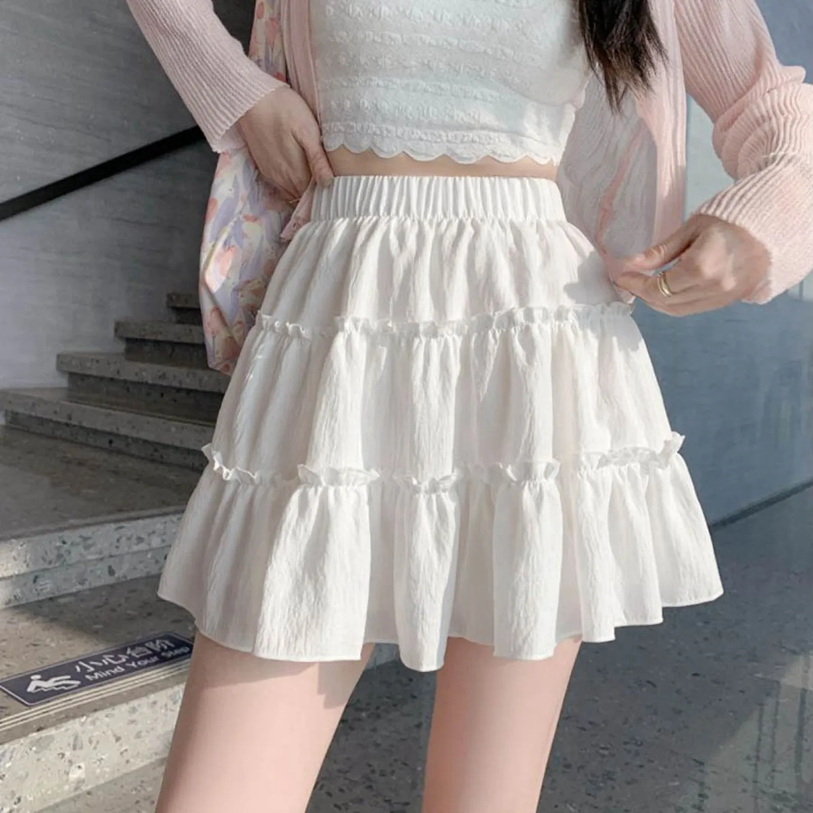 Women's Summer Sweet White Ruffles A-line High Waist Petite Pleated Tutu Skirt Fashion White Layer Tiered Design Cake Skirt